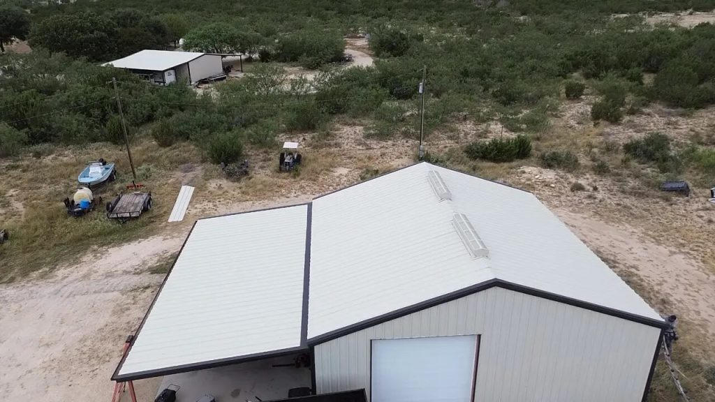 Aerial view of a completed metal roof