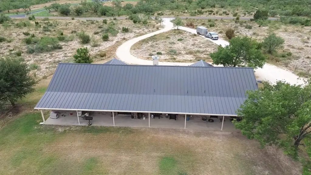 Aerial view of a completed metal roof