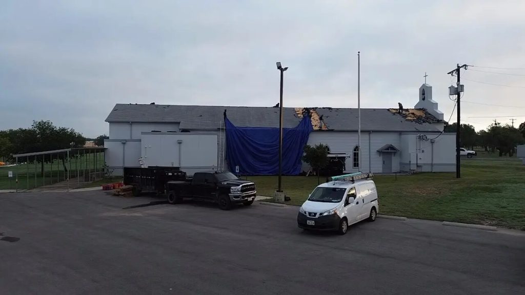 Roof tear-off work in progress