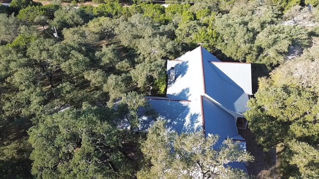 Aerial view of a completed metal roof