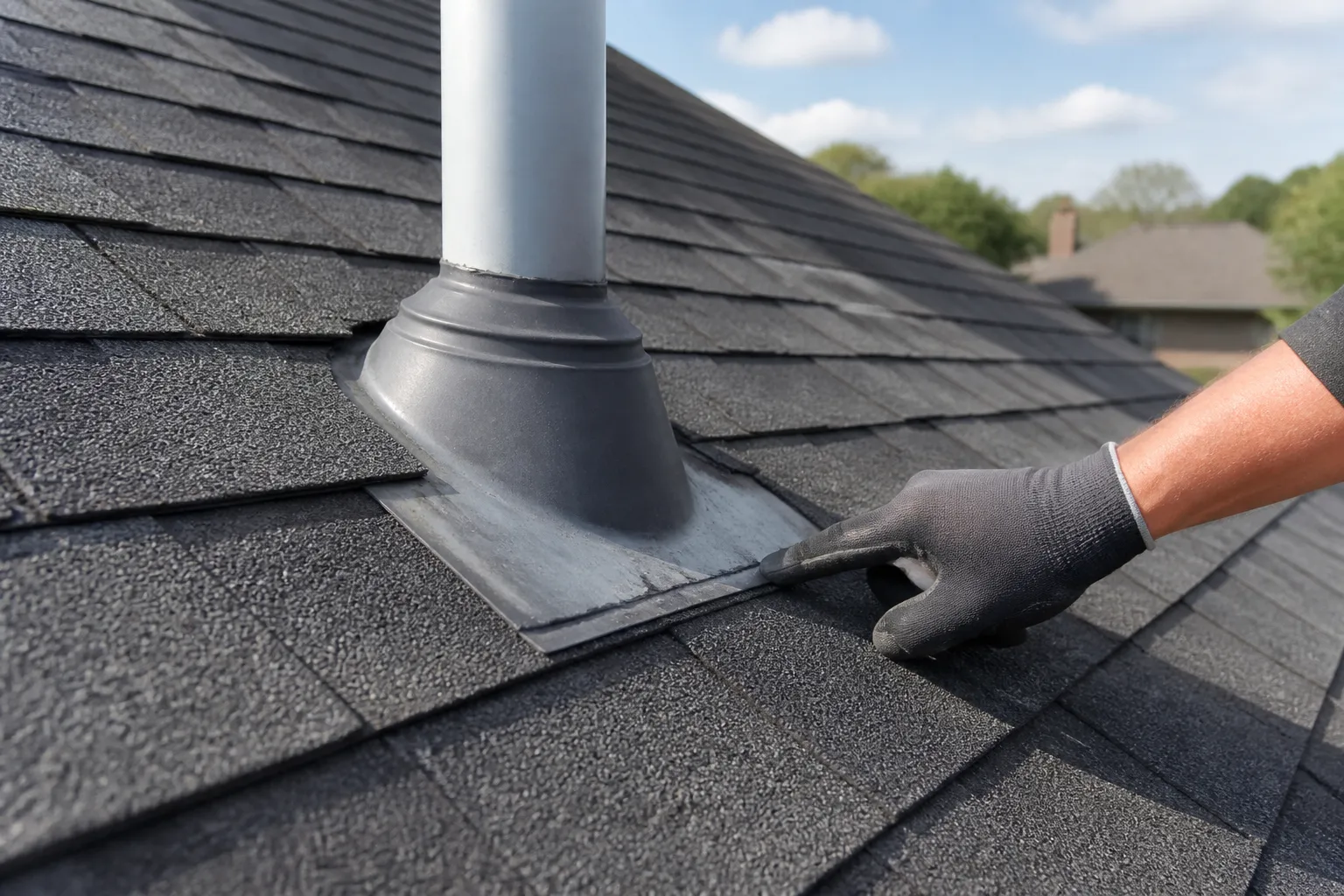 Close view of roof pipe flashing and shingles during an inspection