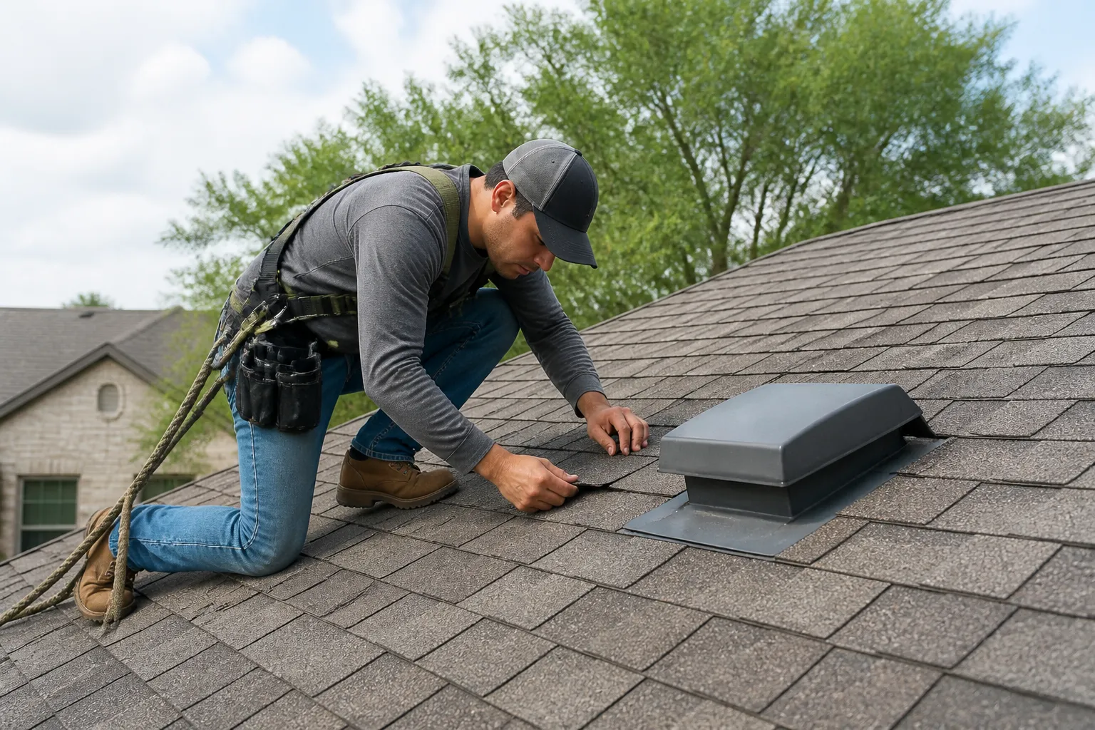 Roofer inspecting the condition of asphalt shingles and a roof vent