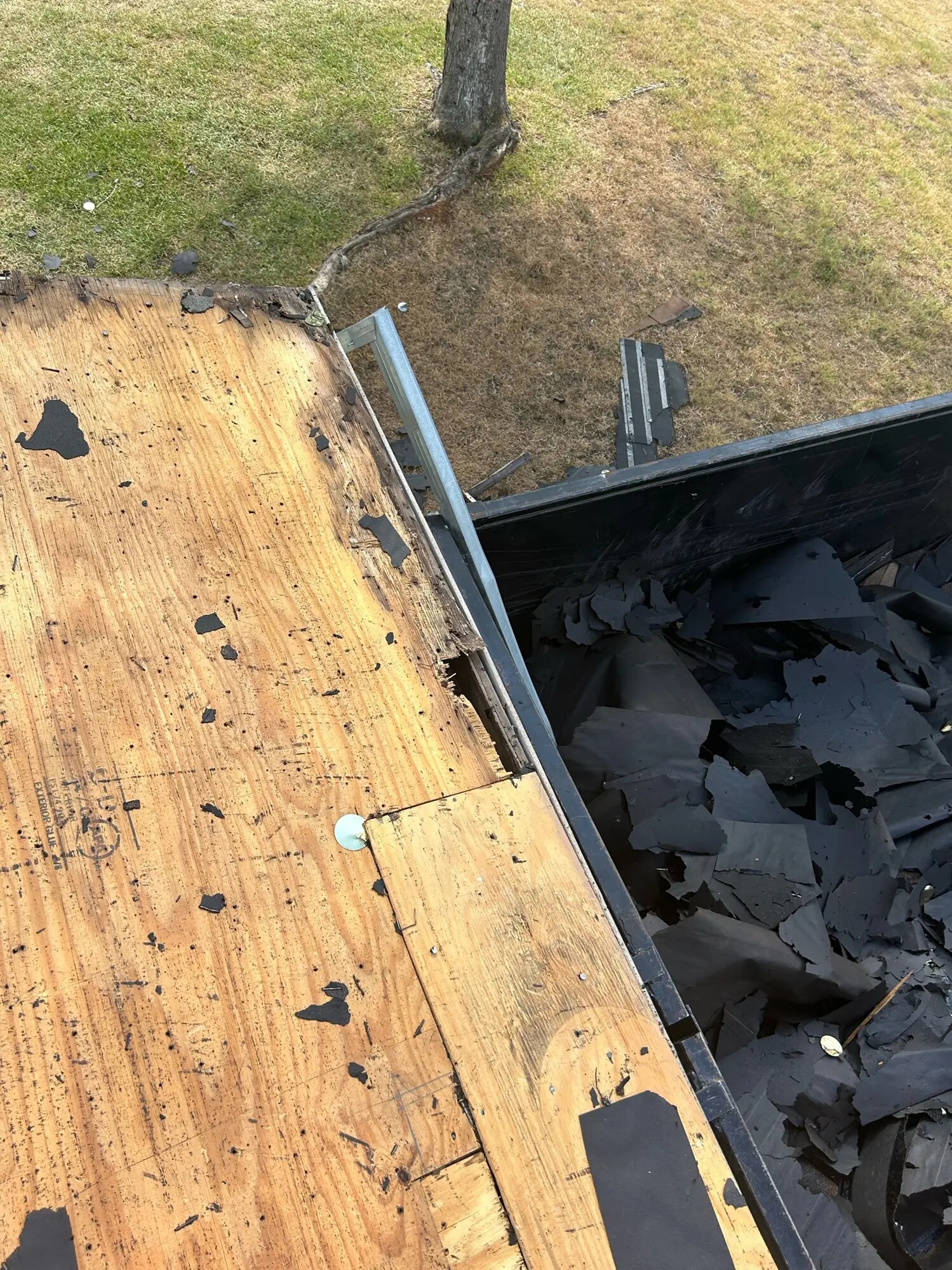 Exposed roof decking after roofing material was removed